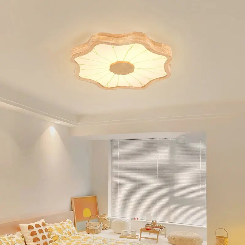 Traditional Chinese Lotus Leaf Petal Solid Wood Iron Acrylic LED Flush Mount Ceiling Light For Bedroom