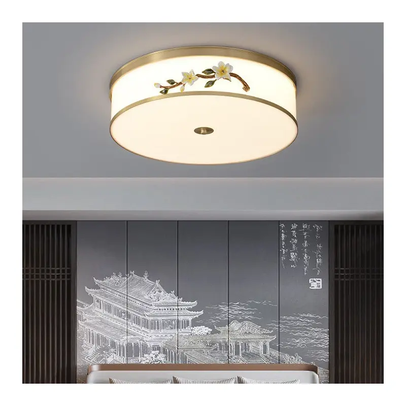 Traditional Chinese Brass Ceramic Plum Blossom Drum Shape Acrylic LED Flush Mount Ceiling Light For Living Room