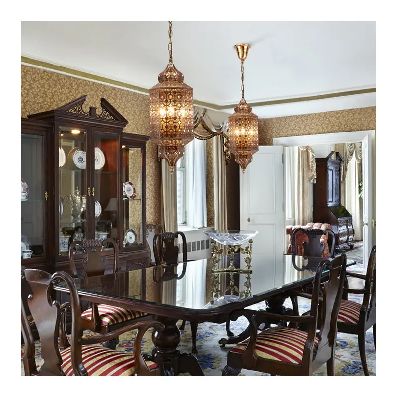 Traditional Vintage Rectangular Hexagonal Pod Hollowed Carved Copper Glass 3-Light Pendant Light For Living Room