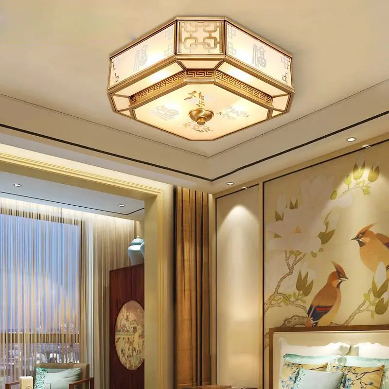 Traditional Chinese Octagon Printing Frosted Glass Brass 4-Light Flush Mount Ceiling Light For Living Room