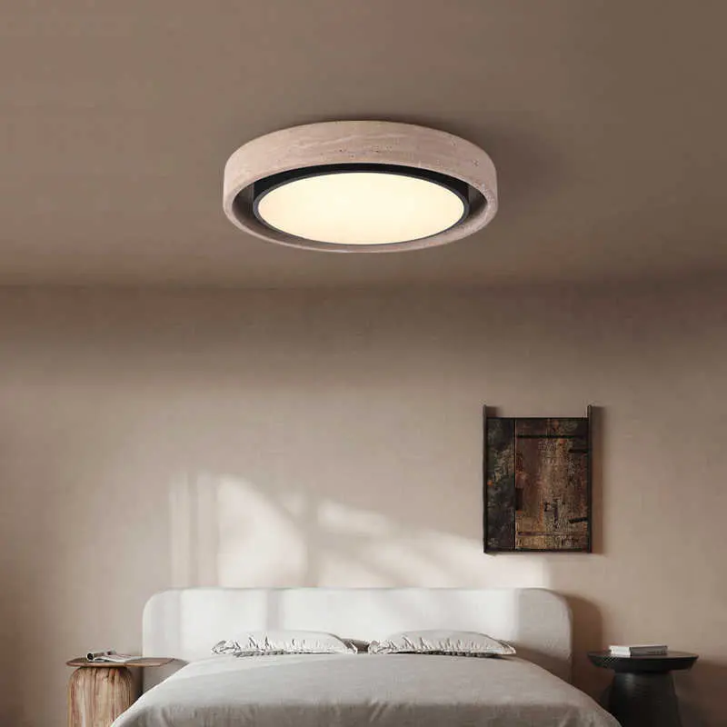 Traditional Rustic Round Iron Yellow Travertine Acrylic LED Flush Mount Ceiling Light For Bedroom