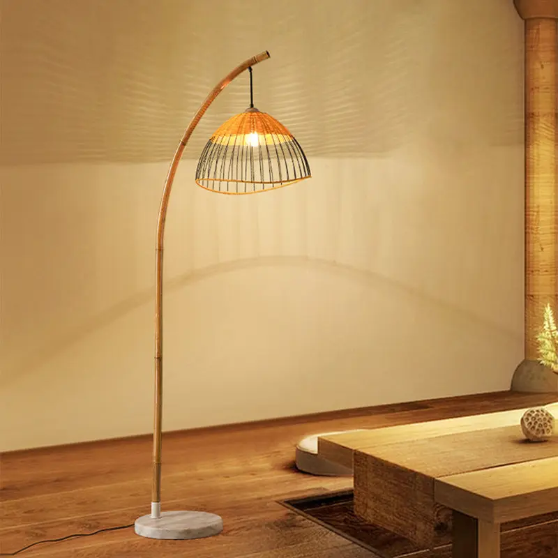 Traditional Vintage Bamboo Weaving Dome Shade Marble 1-Light Standing Floor Lamp For Study
