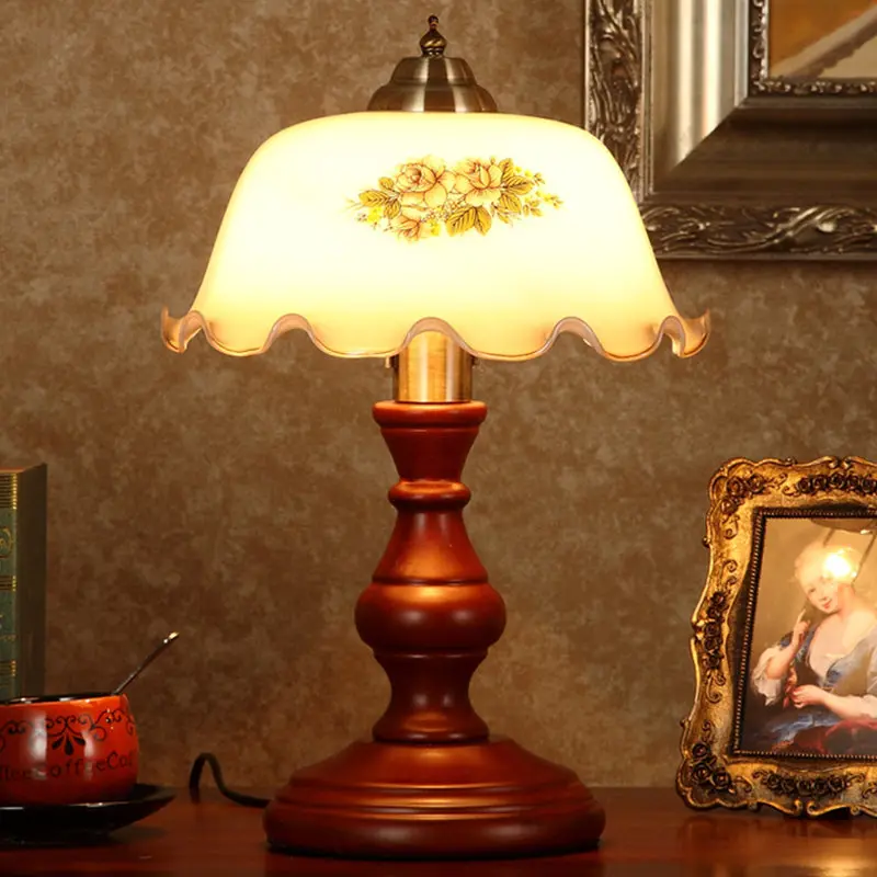 Traditional Vintage Round Cylinder Pendant Flower Fabric Glass Wood 1-Light Table Lamp For Living Room