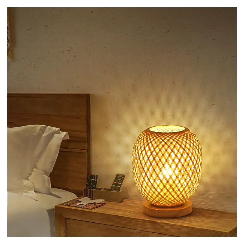 Contemporary Boho Wood Bamboo Weaving Lantern Shape 1-Light Table Lamp For Bedroom
