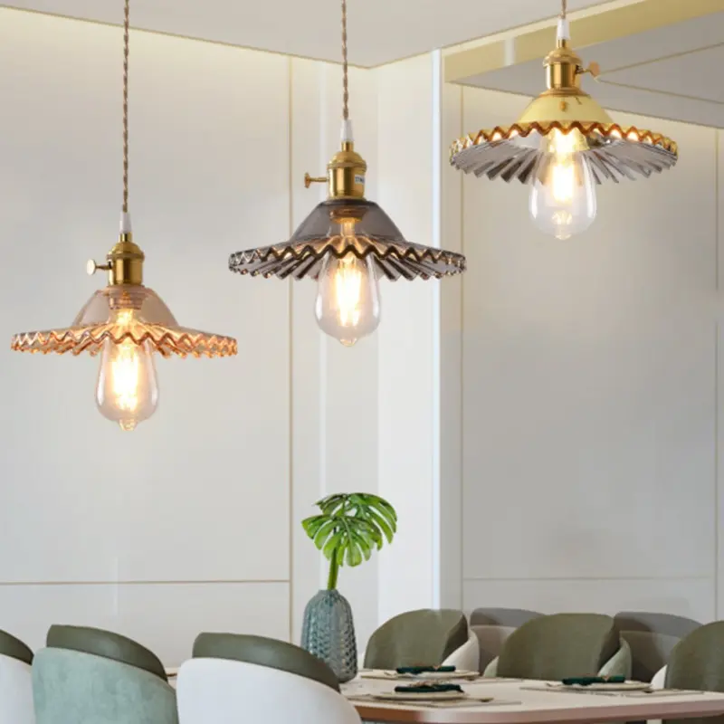 Traditional Vintage Round Dome Pleated Glass Copper 1-Light Pendant Light For Bedroom