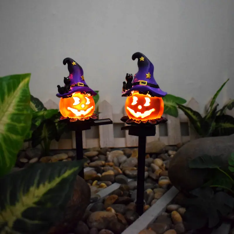 Contemporary Creative Solar Waterproof Pumpkin Head Witch Hat Plastic Resin LED Ground Plug Landscape Lamp For Garden