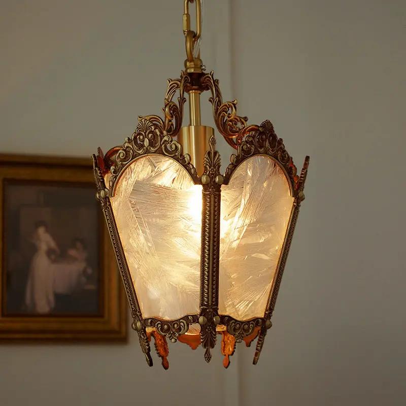 Traditional Vintage Ice Flower Prism Copper Glass 1-Light Pendant Light For Bedroom