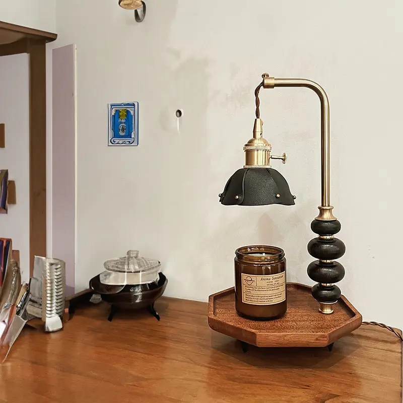 Traditional Vintage Round Octagonal Metal Wood Veneer 1-Light Melting Wax Table Lamp For Bedroom