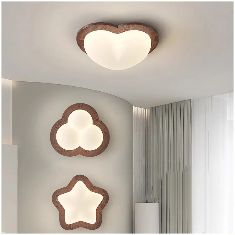 Contemporary Creative Globe Heart Star Wood PE Shade LED Flush Mount Ceiling Light For Bedroom