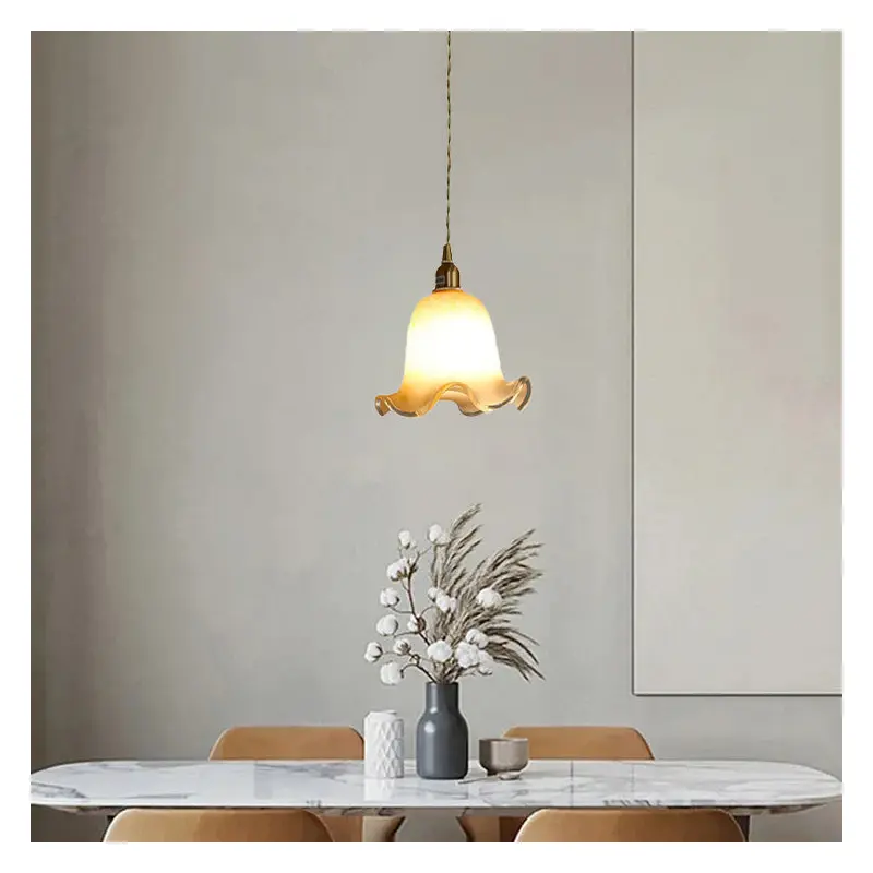 Traditional Vintage Flowers Brass Glass 1-Light Pendant Light For Bedroom