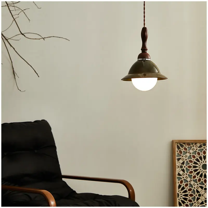 Traditional Vintage Hemispherical Oval Wooden Ceramic 1-Light Pendant Light For Living Room