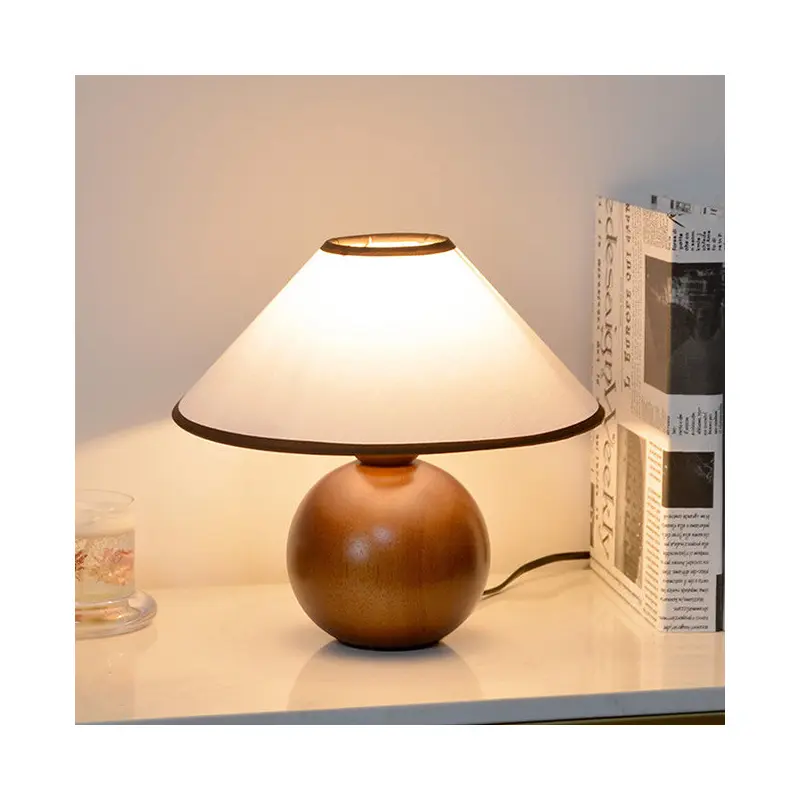 Traditional Vintage Round Table Ball Wooden Fabric 1-Light Table Lamp For Bedroom