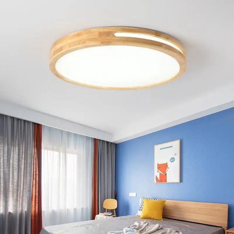 Traditional Chinese Wood Grain Round Acrylic LED Flush Mount Ceiling Light For Living Room