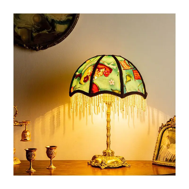 Traditional Vintage Dome Half Round Pearl Tassel Full Copper Fabric 1-Light Table Lamp For Bedroom