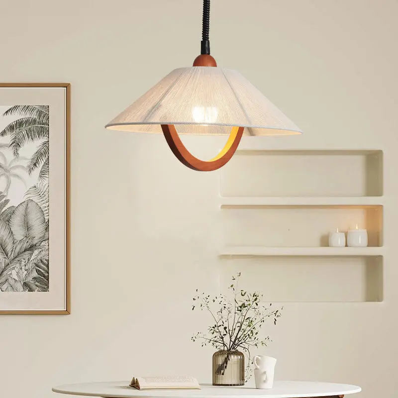 Traditional Vintage Round Table Curved Half Round Adjustable Wooden Fabric 1-Light Pendant Light For Bedroom
