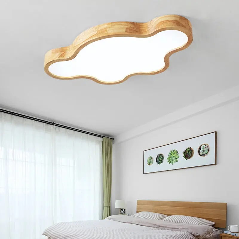 Traditional Japanese Solid Wood Acrylic Cloud Shade LED Flush Mount Ceiling Light For Living Room
