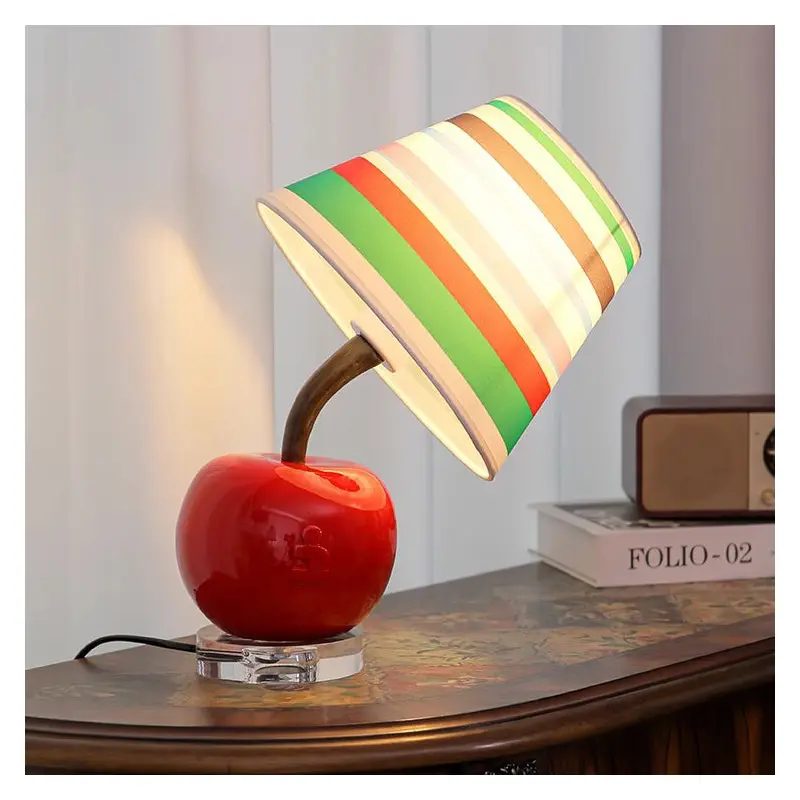 Contemporary Creative Cute Apple Rainbow Stripe Curved Ball Round Table Resin Hardware Fabric 1-Light Table Lamp For Bedroom