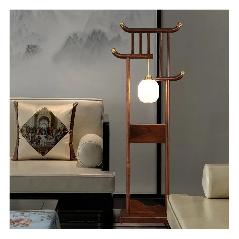 Traditional Chinese Solid Wood Frame Glass Round Shade 1-Light Standing Floor Lamp For Home Office