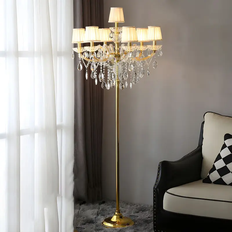 Traditional European Pleated Fabric Shade Hardware Crystal Candelabra 7-Light Standing Floor Lamp For Home Office