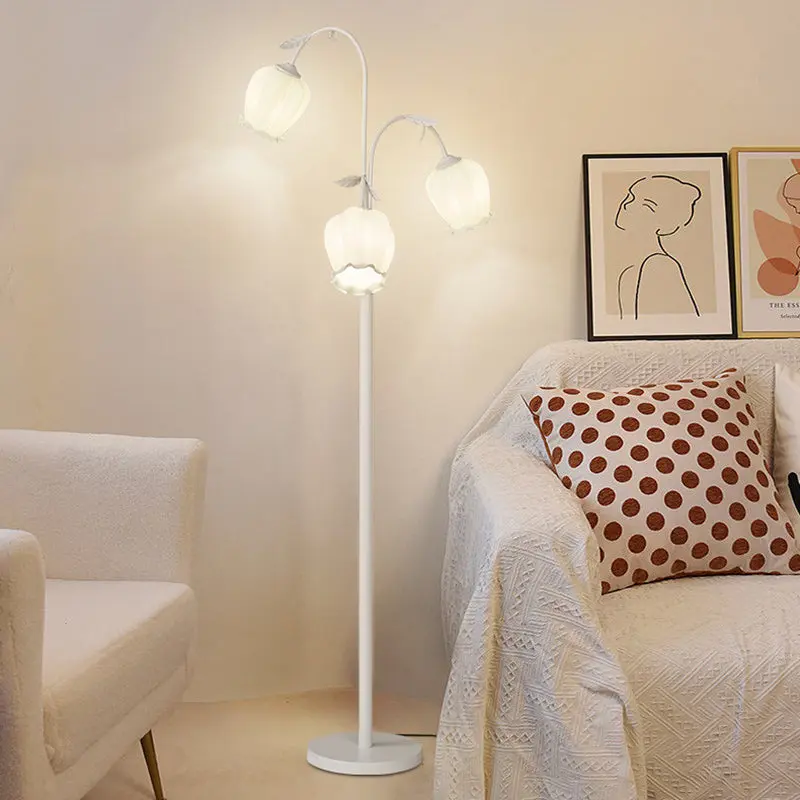 Modern Minimalist Long Flower Iron Frame Glass Shade 2/3 Light Standing Floor Lamp For Living Room