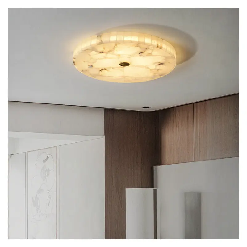 Traditional Chinese Marble Copper Round Crackle LED Flush Mount Ceiling Light For Bedroom