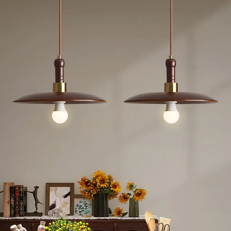 Traditional Vintage Round Disc Iron Wood Shade 1-Light Pendant Light For Living Room