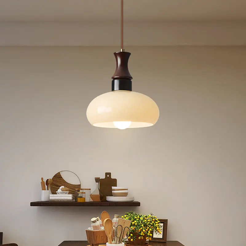 Traditional Vintage Round Oval Glass Shade Wood 1-Light Pendant Light For Living Room
