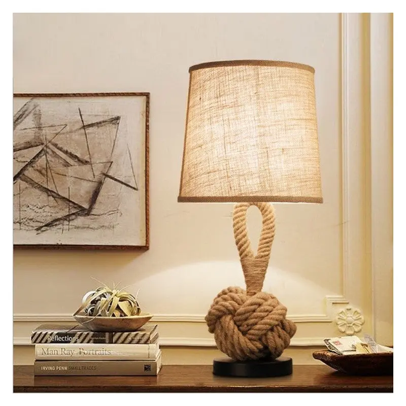 Contemporary Creative Nautical Twisted Rope Knot Drum Shape Fabric Iron 1-Light Table Lamp For Bedroom