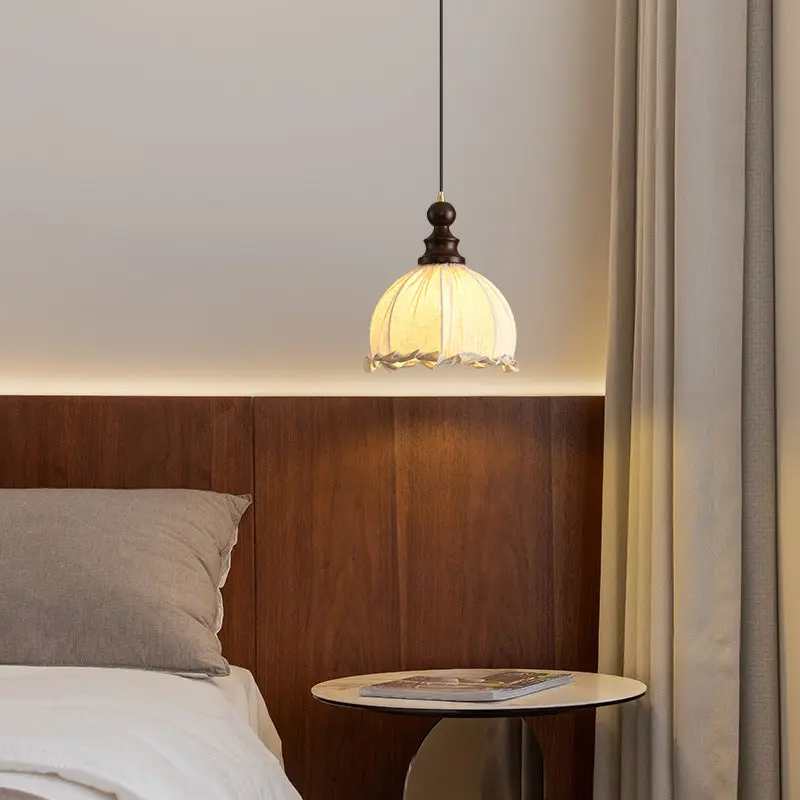 Traditional Vintage Dome Cylinder Lace Fabric Shade Wood Hardware Frame 1-Light Pendant Light For Living Room