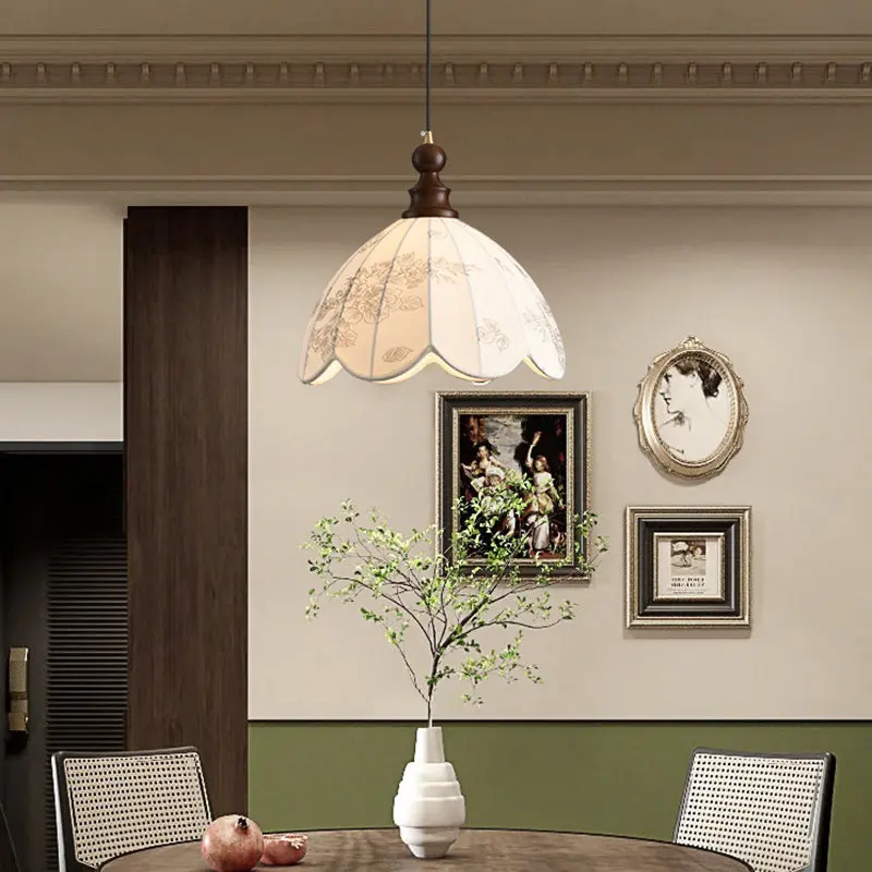 Traditional Vintage Dome Round Beads Floral Fabric Shade Wood Hardware Frame 1-Light Pendant Light For Living Room