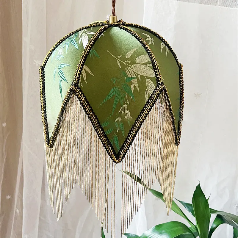 Traditional Vintage Semicircle Triangle Tassel Disc Base Iron Fabric 1-Light Pendant Light For Bedroom