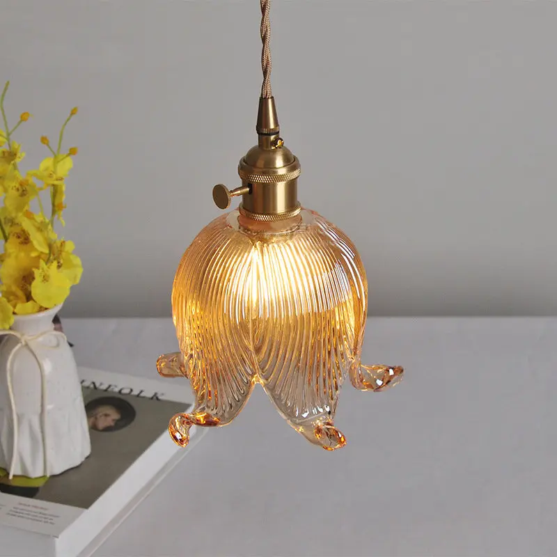 Traditional Vintage Floral Round Glass Copper 1-Light Pendant Light For Living Room
