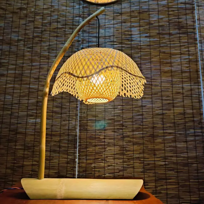Contemporary Boho Lotus Shape Bamboo 1-Light Table Lamp For Bedroom