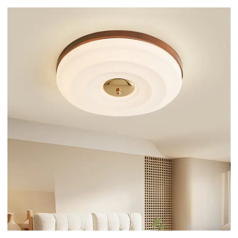 Traditional Japanese Round Ripple Iron Acrylic Wooden LED Flush Mount Ceiling Light For Bedroom