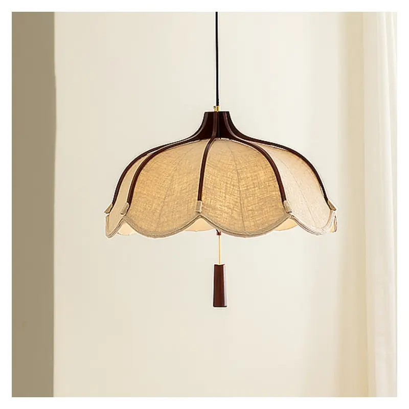Traditional Vintage Oak Hardware Fabric Dome Petal 1-Light Pendant Light For Dining Room
