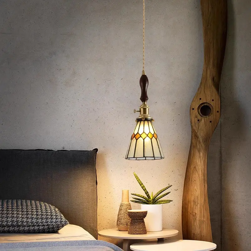 Traditional Vintage Pastoral Conical Water Ripple Glass Shade Solid Wood 1-Light Pendant Light For Living Room