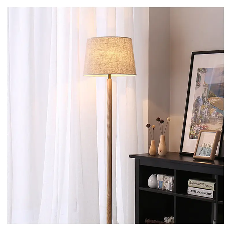 Traditional Vintage Cylinder Cone Pleated Cotton Linen Ash Wood Brass 1-Light Standing Floor Lamp For Living Room