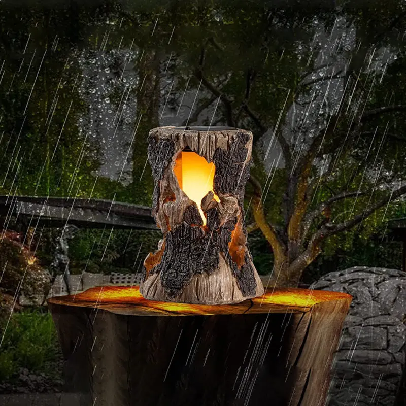 Contemporary Creative Solar Waterproof Stump Torch Resin Plastic LED Outdoor Landscape Light For Garden