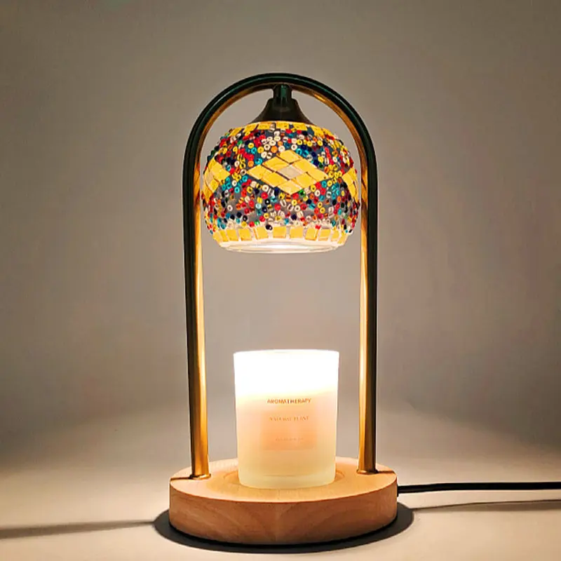 Traditional Vintage Spherical Dotted Rhombus Floral Square Round Base Iron Wood Glass 1-Light Melting Wax Table Lamp For Bedroom