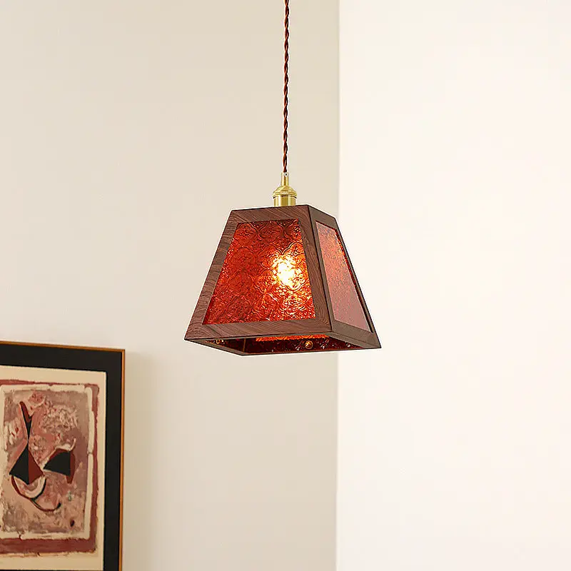 Traditional Vintage Trapezoid Round Cylinder Rectangle Copper Metal Glass 1-Light Pendant Light For Bedroom
