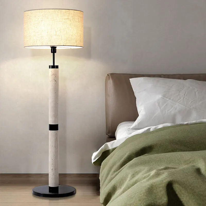 Traditional Japanese Round Cylindrical Yellow Travertine Fabric 1-Light Standing Floor Lamp For Living Room