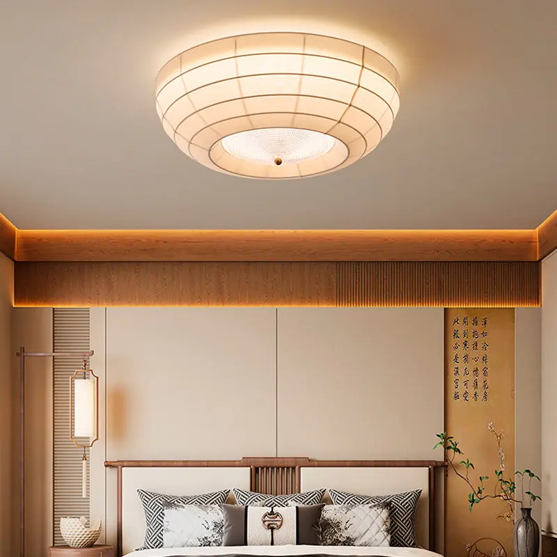 Traditional Japanese Round Hardware Fabric Crystal LED Flush Mount Ceiling Light For Bedroom