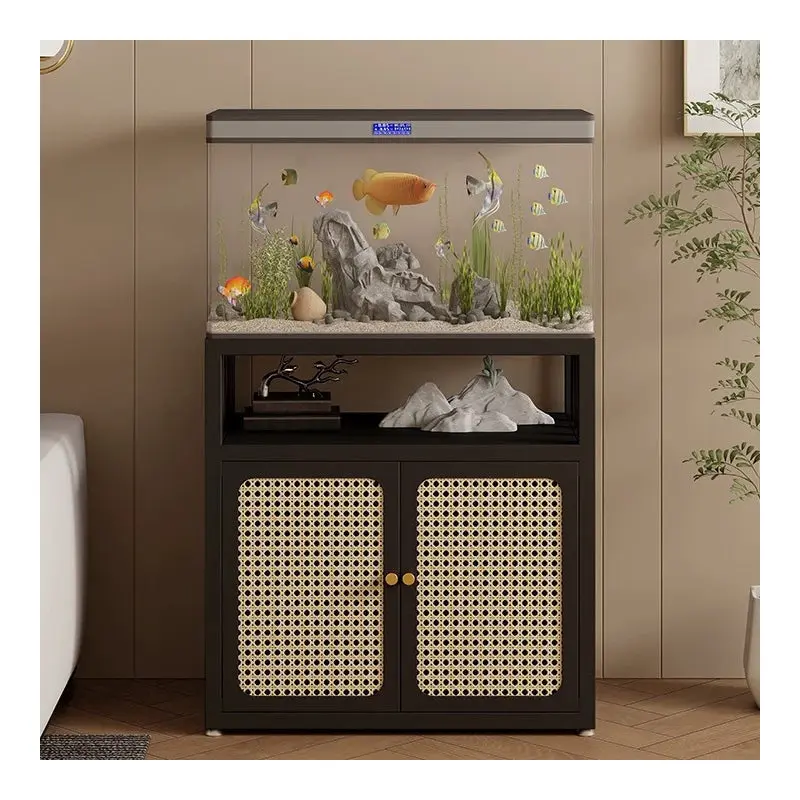 Traditional Chinese Square Carbon Steel Tempered Glass PE Rattan Side Table 1-Cabinet 1-Tier For Living Room