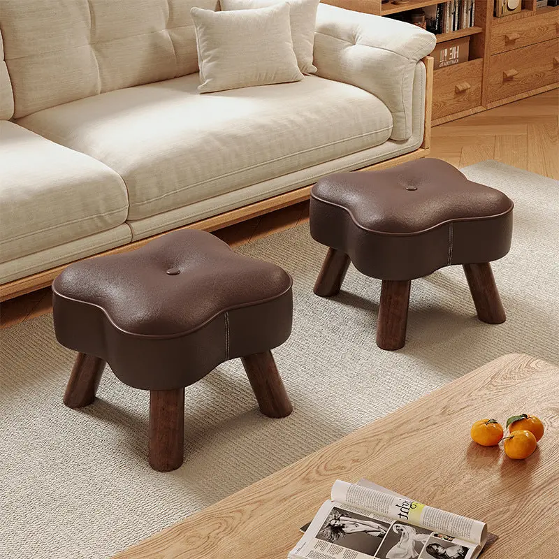 Traditional Vintage Solid Wood Oil-Wax Leather Sponge Low Stool Backless Armless For Entryway