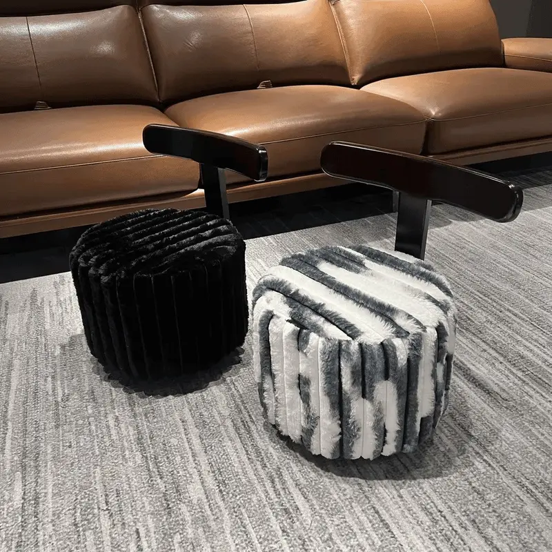 Contemporary Luxury Round Faux Velvet Rubberwood Solid Wood Movable Low Stool For Living Room