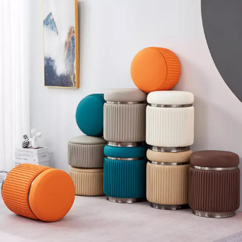 Modern Minimalist Round PU Leather Stainless Steel Low Stool For Living Room