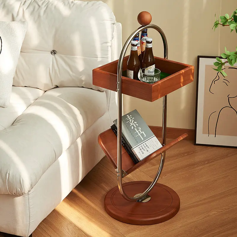 Traditional Vintage Square Ash Wood Stainless Steel Side Table 1-Tier For Living Room