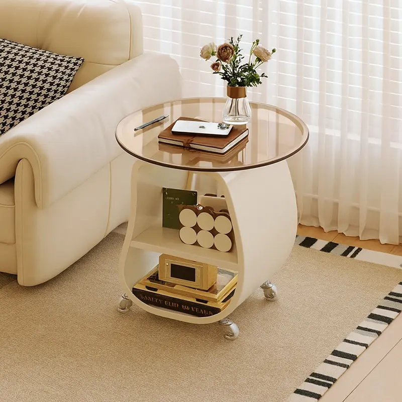 Contemporary Scandinavian Round Iron Multi-Layer Solid Wood Panel Tempered Glass Side Table 2-Tier For Living Room