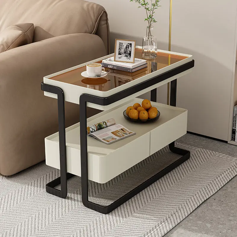 Modern Minimalist Rectangular Glass Carbon Steel Side Table 2-Drawer For Living Room
