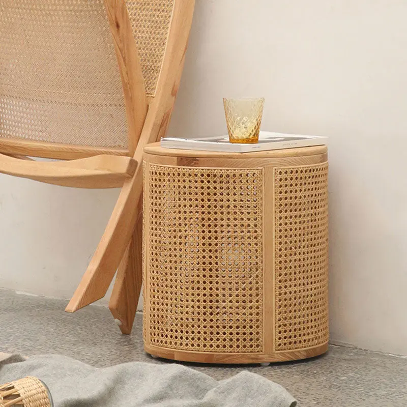 Modern Minimalist Round Solid Wood Multi-layer Board Rattan Weaving Storage End Table 1-Tier For Living Room